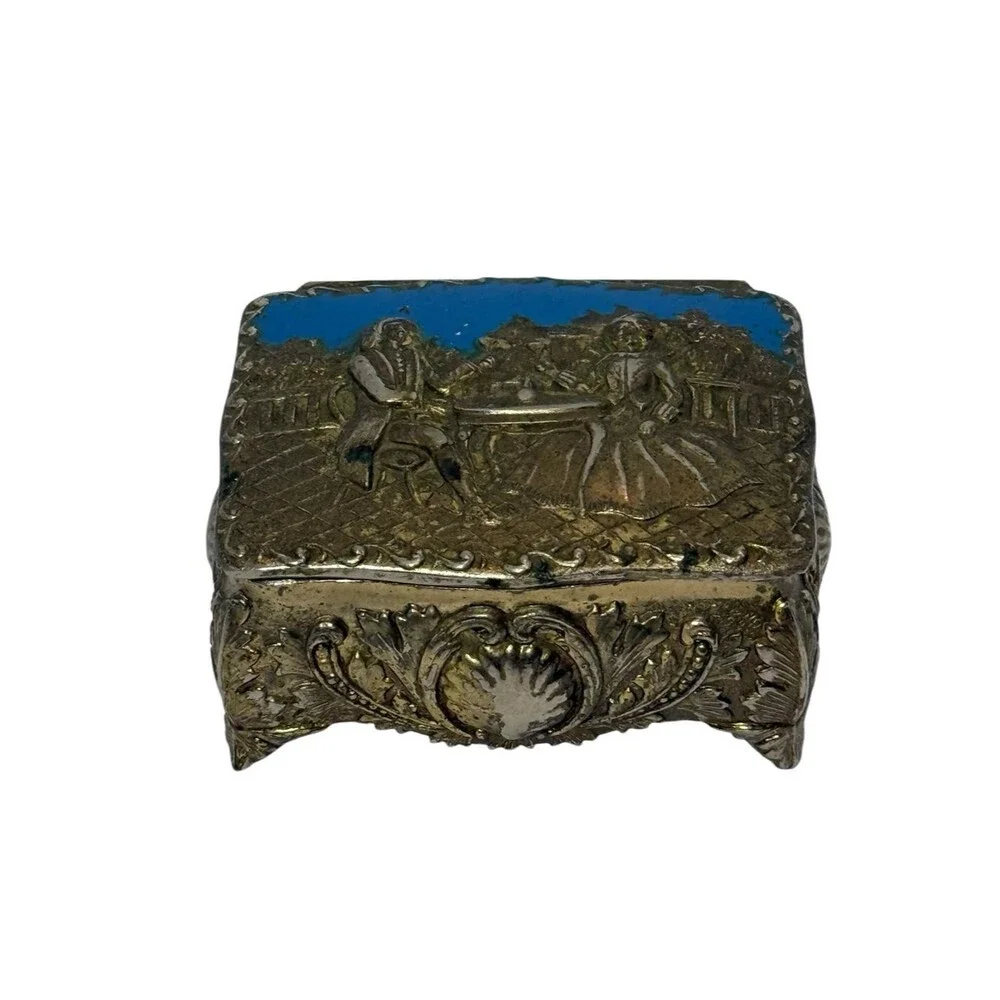 Vintage Repousse Metal Enamel Trinket Jewelry Box Courting Couple Made in  Japan